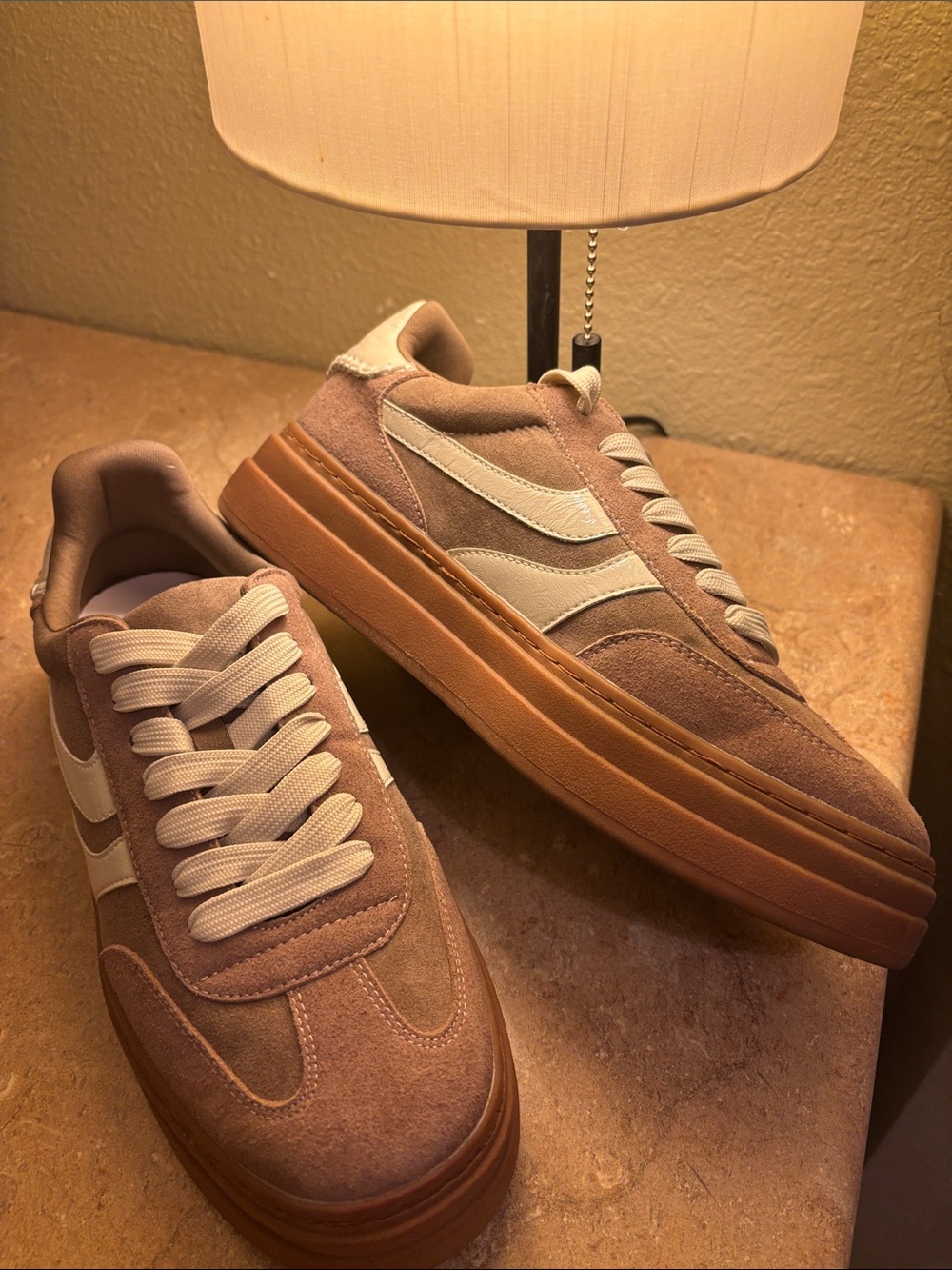 Memory Foam - Women's Suede Platform Sneakers in Brown and Cream - Sz 9